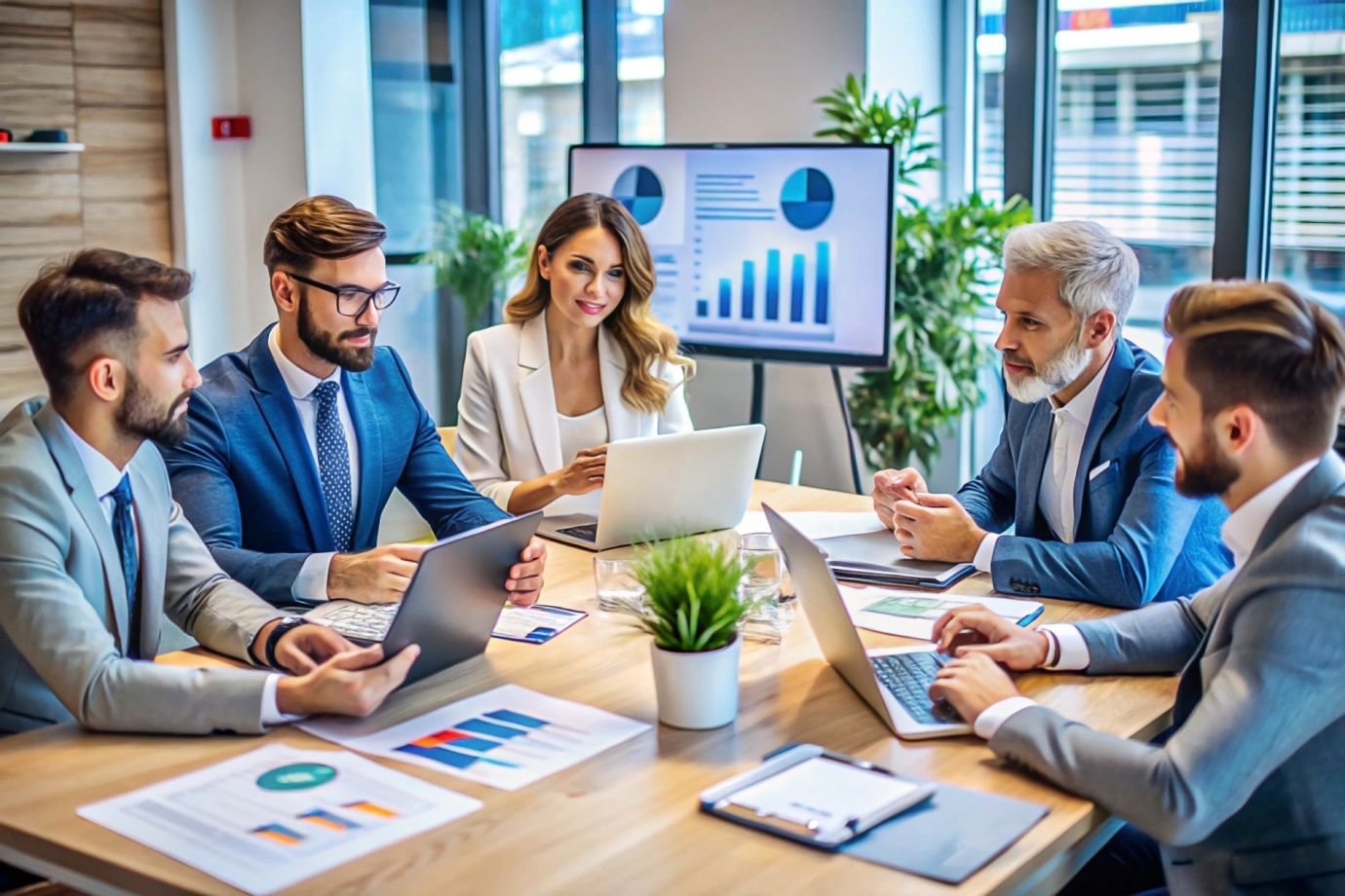 business-team-meeting-around-table-reviewing-data-laptops-presentation-screen