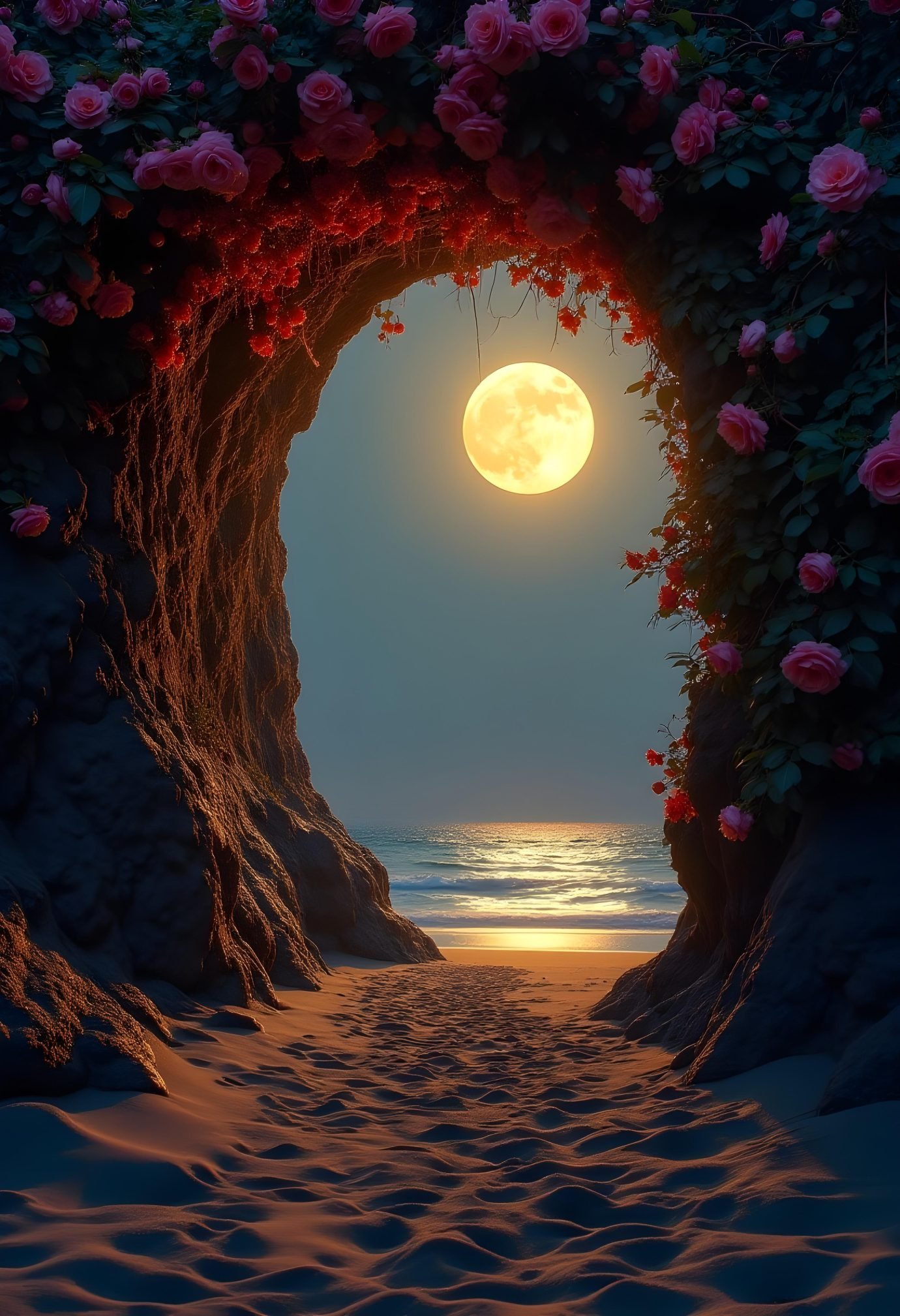 A-photo-of-a-cave-entrance-framed-by-a-rose-bush-w